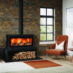 A wood burning stove in a living room