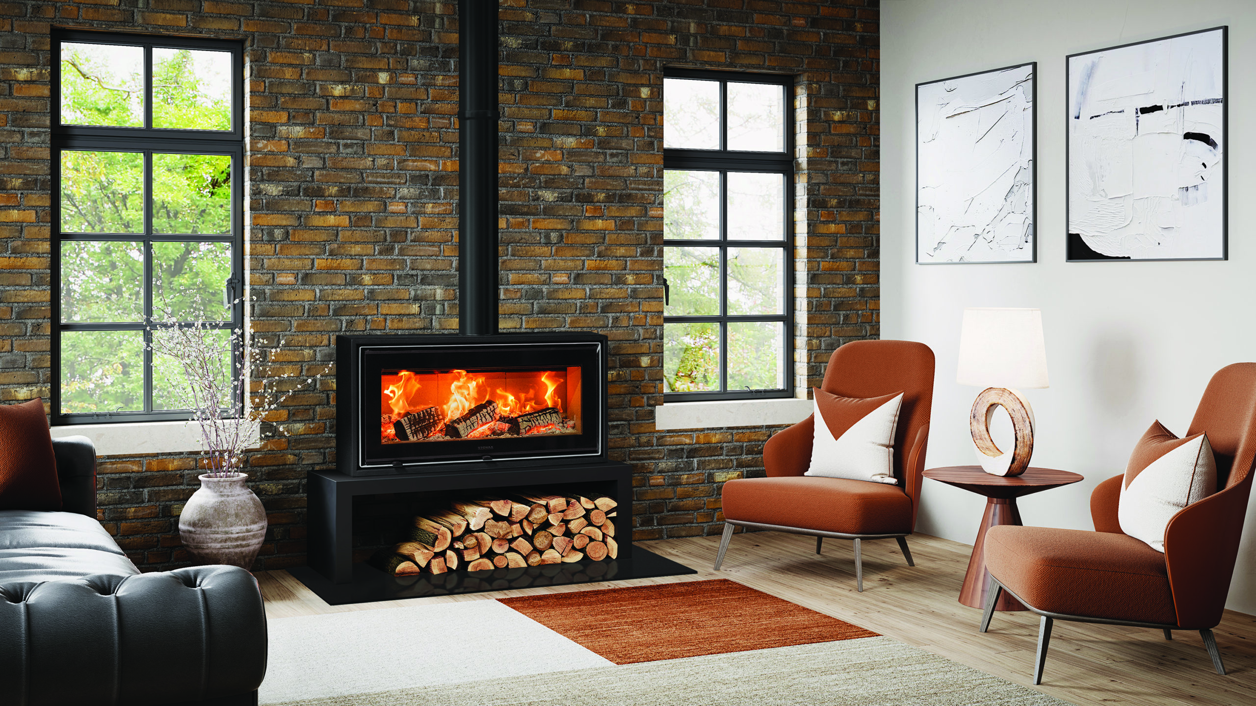 A wood burning stove in a living room