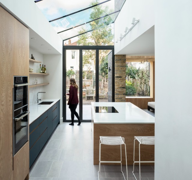 kitchen extension with bifold doors and glazed ceiling panels