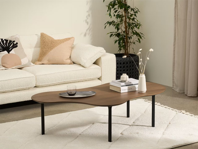 Zaragoza walnut veneer furniture with black polished legs on cream rug