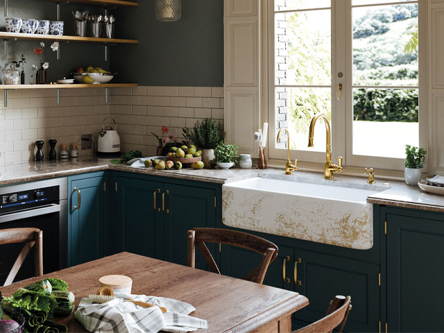 chip, heat and stain resistant handmade fireclay butler sink with gold taps