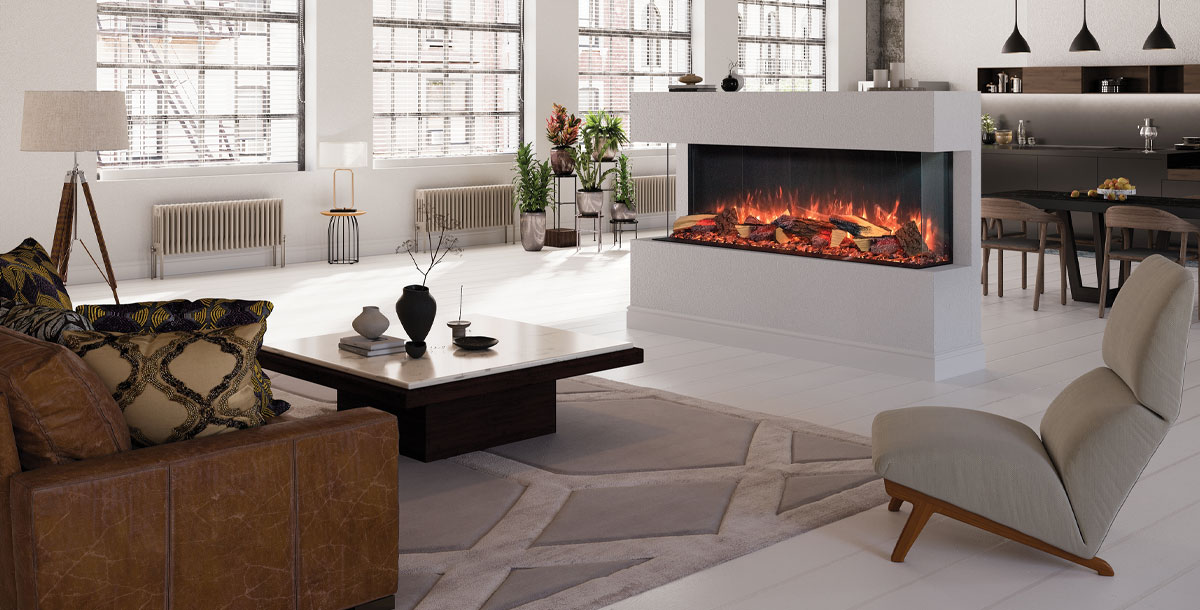 Stovax Avanti 150RW three-sided electric fire with with oak log effect