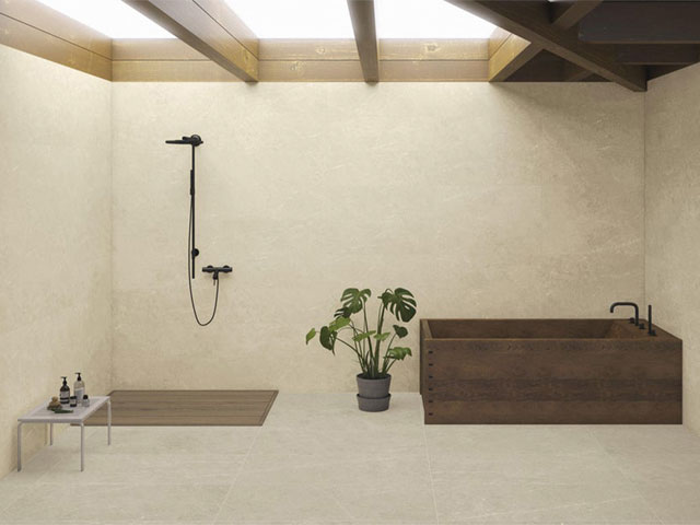 bathroom flooring ideas: Luxury marble-effect matt bathroom floor tile in beige from London Tile 