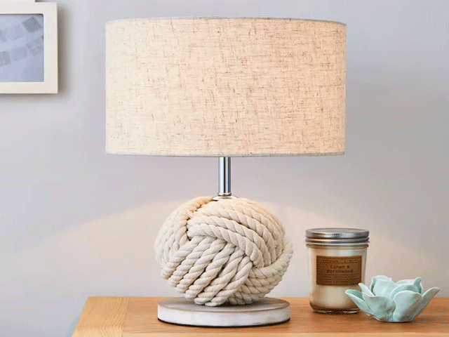 nautical style lamp with rope-knot base and white linen shade