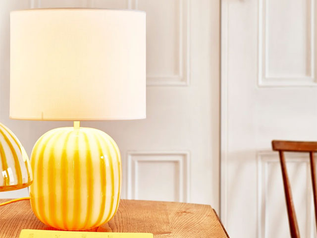 lamp with glass base with yellow and white stripes with white lampshade