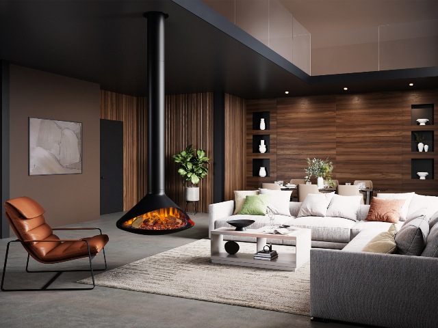 focal point fireplaces: gas stove suspended from ceiling in modern open plan living room with mezzanine 