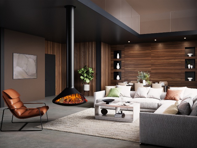 focal point fireplaces: gas stove suspended from ceiling in modern open plan living room with mezzanine