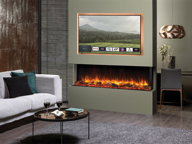 focal point fireplaces: inset electric fire mounted in media wall 