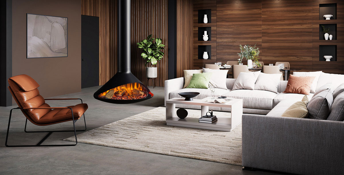 Suspended gas stove in a contemporary open-plan space with wood-cladding on the walls