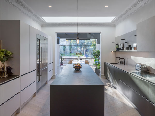 eco-friendly kitchen worktops: Richlite worksurface and kitchen cabinets in grey and white in a renovated period home