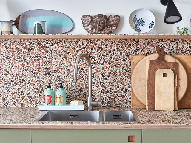 FSC-certified timber and bio-based resin terrazzo worksurface and splashback in Ivory, Cedar and Walnut, Bespoke birch plywood cabinets in Brockwell Moss, Photo: Foresso