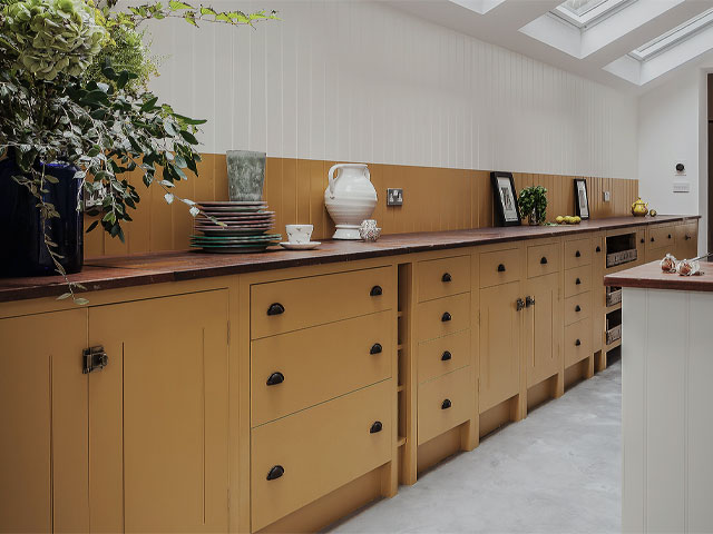 Reclaimed iroko school laboratory tops, from £228 per sqm, Retrouvius (retrouvius.com). Kitchen cabinets from £590 for a 440mm single base unit, British Standard by Plain English. Sustainable kitchen worktop