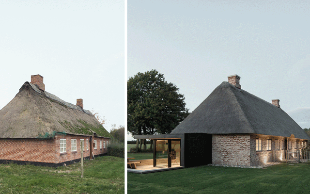 images of a thatched cottage renovation in Germany shown side