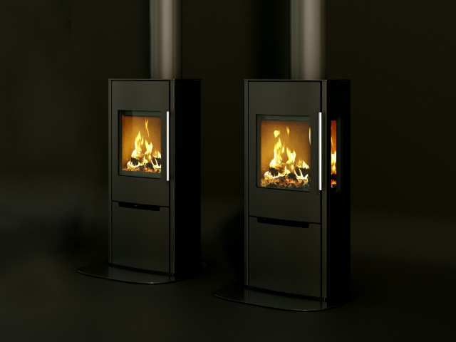 Defra exempt, clearSkies-rated stoves Sargas models 1 and 3 from Schiedel on a black background