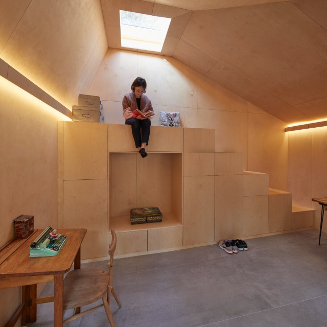 woman in a contemporary low-energy design studio apartment with plywood-clad walls and plywood high sleeper bed