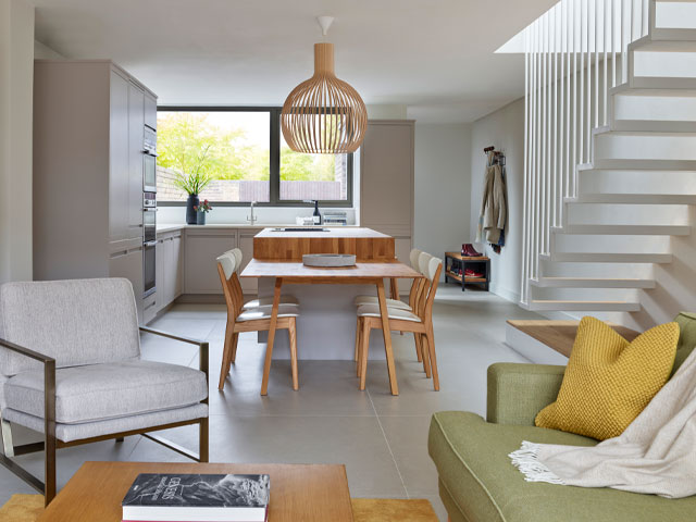 Linear Edge kitchen in Pebble Grey by Dulux with Spekva timber worksurface. Photo: Harvey Jones