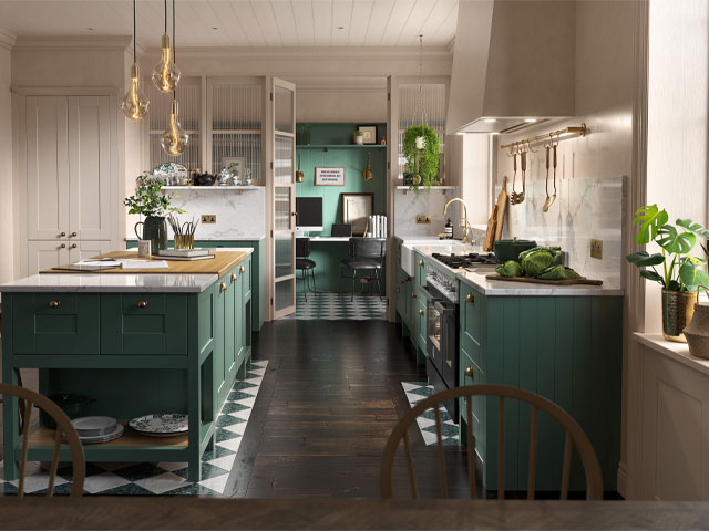 Infinity Plus Shaker kitchen in Roman Leaf and Parchment with Arabescato quartz worksurfaces and oak breakfast bar. Photo: Wren Kitchens