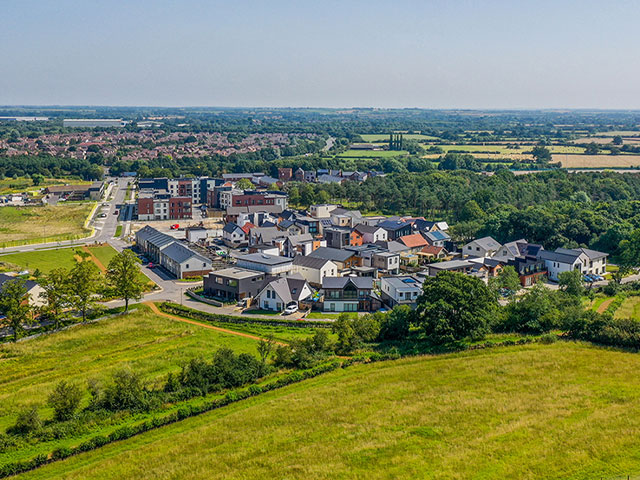 a drone shot of the Graven Hill self-build community in Oxfordshire