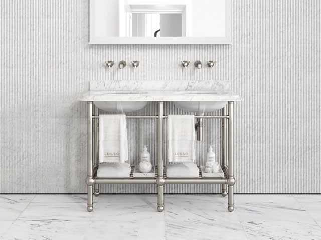 double vanity unit with marble basins in a luxury bathroom with grey tiles and marble floor tiles