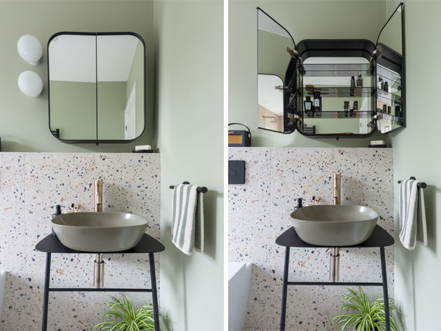 The moss green basin with matt finish. Plural unit, basin. Round tall mixer, Theory cabinet. Terrazzo Nouveau tiles