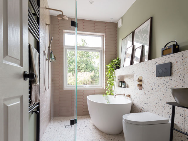 The space-saving scheme was specified by Simply Bathrooms. Vos radiator in matt black