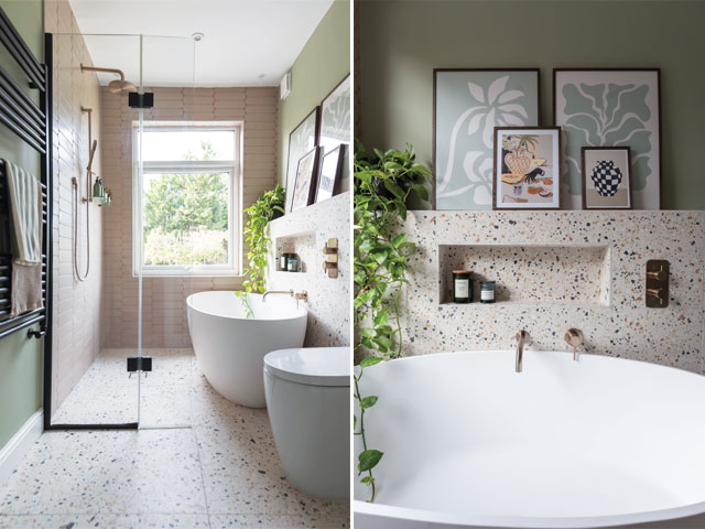 Bathroom renovation with walk-in shower with pale pink kitkat tiles and terrazzo flooring