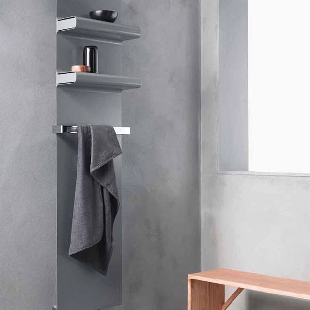 bathroom storage: towel heater with shelves