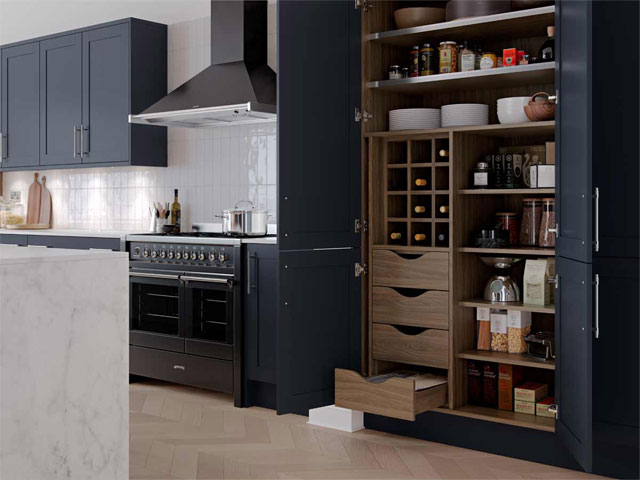 Blue kitchen with large pantry from Masterclass Kitchens