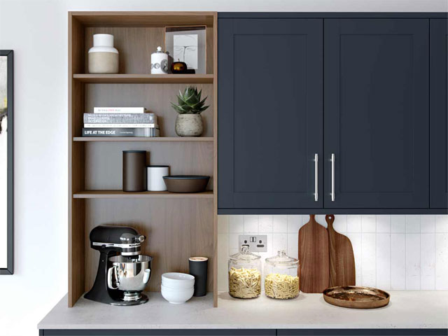 open shelving in a contemporary blue kitchen 