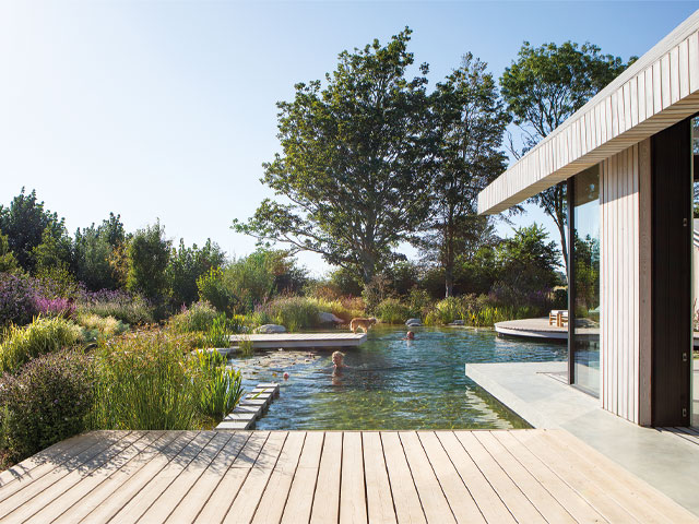 Swimming pond with decking. Photo: James French