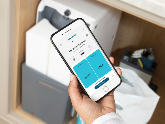 the Harvey Water Softener app showing salt levels