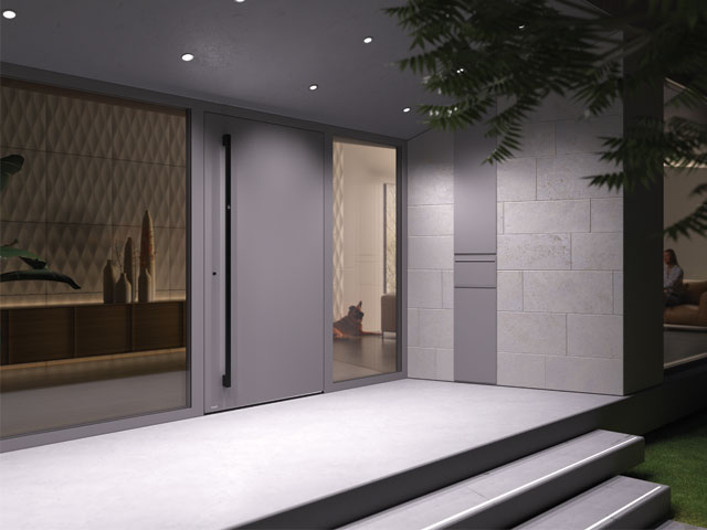 SmartLux lighting control and door locks on a modern house with large hallway