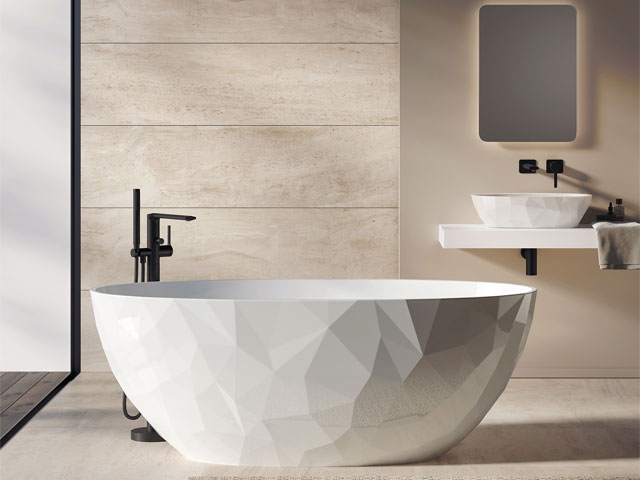 White fractal freestanding bathtub innovative bathroom black taps