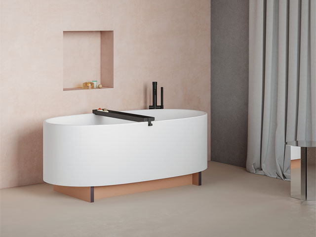 innovative bathroom freestanding bathtub wooden base pink plaster wall sunken shelf 