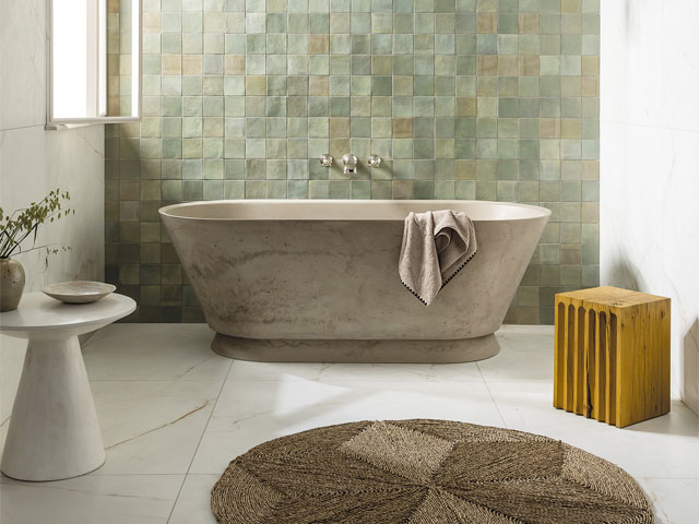 innovative bathroom concrete freestanding bath yellow block stool green square wall tiles