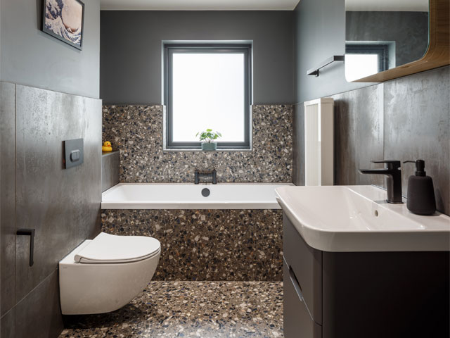 terrazzo floor and bath bathroom brown wall wooden fittings grand designs the streets