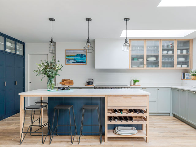 Kitchen layout peach central island dark blue kitchen cabinets inbuilt wine rack