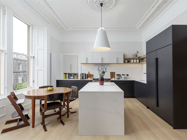 Kitchen layout open plan central white island black cabinets classic kitchen table