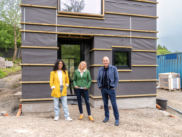 Kevin McCloud Natasha Huq unfinished home timber slats building site