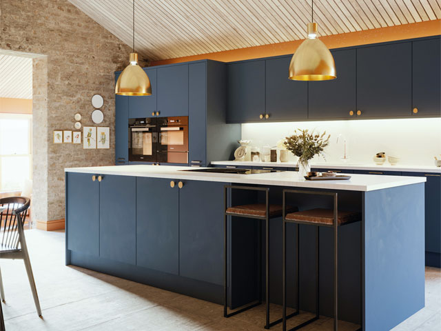 Kitchen layout contemporary kitchen blue cabinets gold steel barstools gold lampshades exposed brick