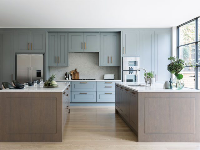 Light blue kitchen cabinets two light brown kitchen islands crittall doors 