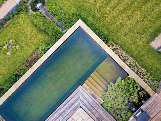birds eye view of garden contemporary swimming area wooden decking