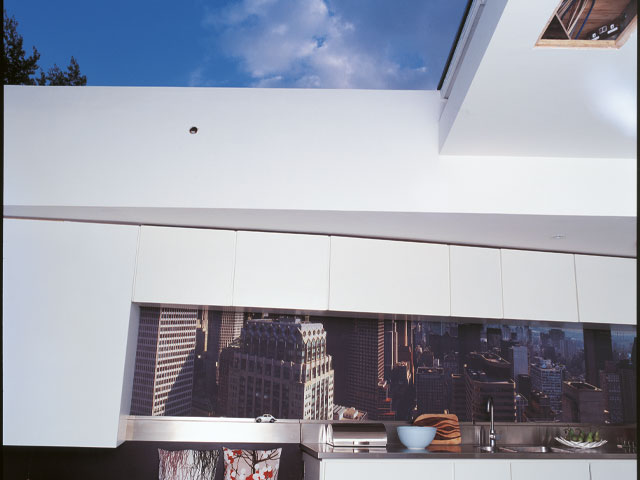 kitchen with new york skyline splashback and roof skylight