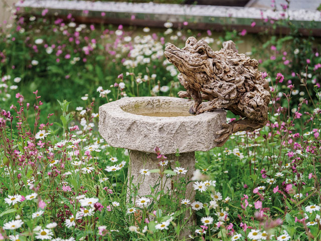 eco garden bird bath on wildflower lawn wooden frog ornament