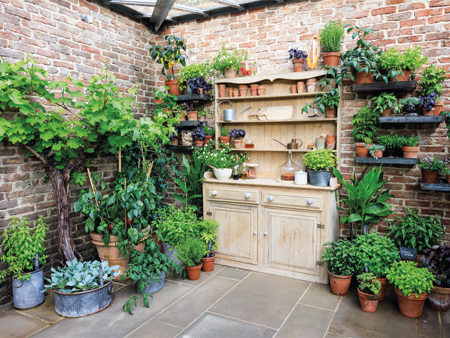 wooden dressing table outside surrounded by pot plants exposed brick walls