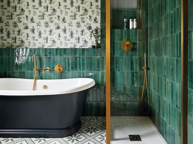 long green tiled bathroom walk in shower blue boat bath gold fixtures 