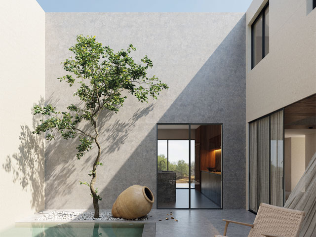exterior cladding. House courtyard swimming pool stone walls single tree in gravel 