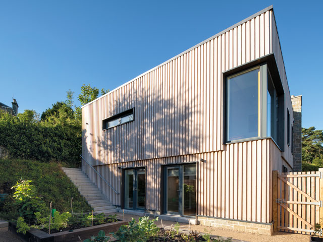 exterior cladding house stairs alongside wooden gate large surrounding hedge 