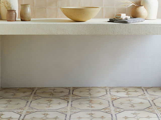 Bathroom floor ideas gold sink basin on stone worktop large hexagon patterned floor tiles