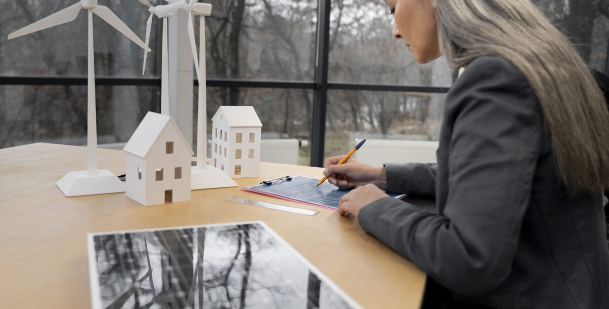 A woman looking at model of a building and making calculations
